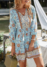 Button Detail Print Boho Mini Dress